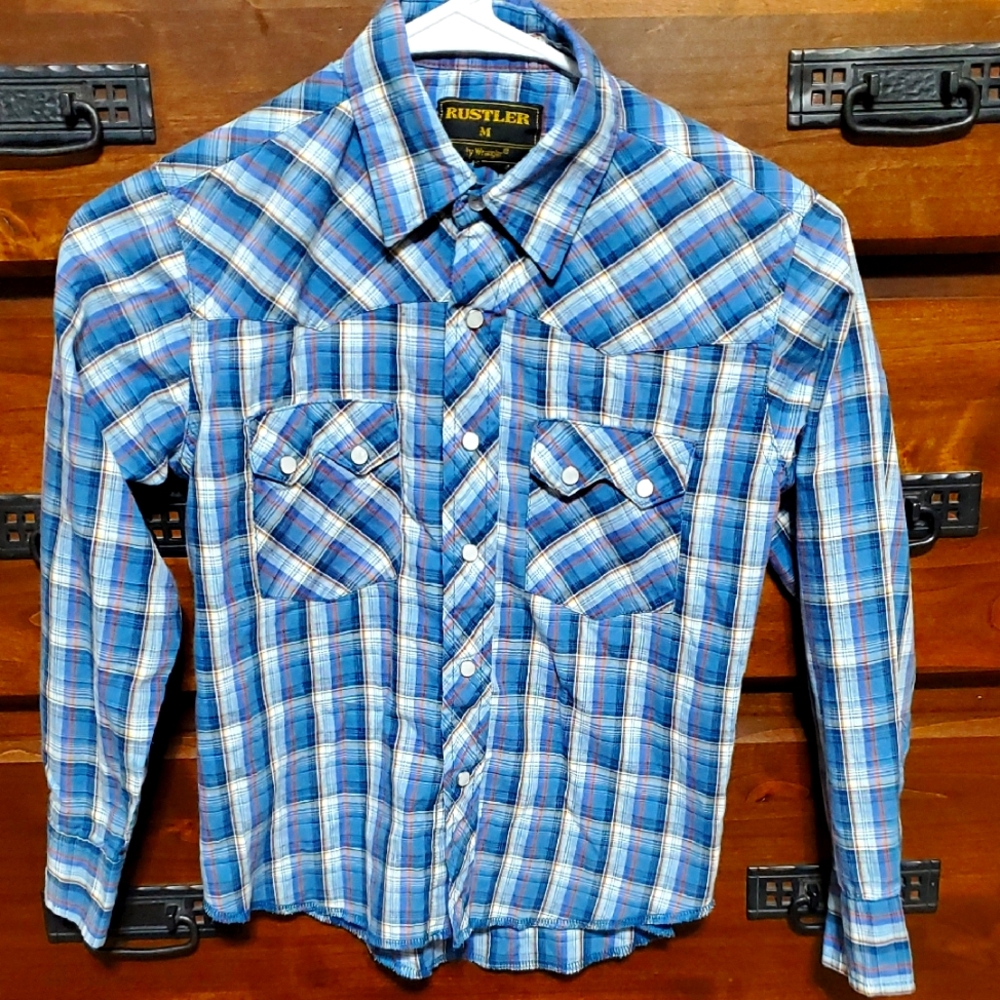 Rustler By Wrangler Plaid Button Up Cowboy Shirt